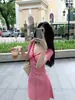Vestido de Verano con Lazo Rojo a Cuadros de Cuello V y Manga Corta para Mujer, Moderno y Elegante, Ceñido a la Cintura, Falda Corta de Línea A Adelgazante