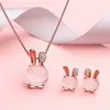 Pingente de Pedra Hibisco Estilo Coreano Conjunto de Brincos de Cristal Rosa Coelho para Mulheres Doce Colar para Clavícula Joias Estudante Fofo
