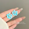 Pendientes Super Hada Dopamina Esmalte Gota de Aceite Flores Azules Simples Asimétricos Elegantes de Gama Alta Pequeños Pendientes para Mujer