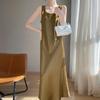 Saia Vic de Cetim Banhada a Ouro com Gola Redonda, Deslizante e Reta de Seda, Luxo Leve, Elegante, Base, Vestido Sem Mangas, Vestido Longo de Verão para Mulheres