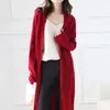 Novo cardigã de cashmere de comprimento médio para mulheres, elegante casaco casual de outono e inverno, blusa de manga longa lisa, peça externa grossa