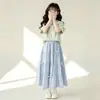 Conjunto Doce Estilo 2026 Gola de Renda Manga Curta Camiseta Top Saia de Bolo para Crianças Médias e Grandes Lindo Elegante Conjunto de Duas Peças Tendência