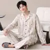 Pijama Masculino Plus Size Primavera e Outono Algodão Puro Casual Solto Gola Lapela Manga Longa Adolescentes Podem Usar Fora de Casa Conjunto de Roupa