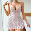 Venta Caliente Transfronteriza Diseño Transparente Nicho Ajuste Delgado Cuello en V Profundo Encaje Tirantes Cubre Cadera Falda Corta Lencería Sexy Tem