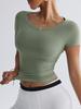 Novo Produto Transfronteiriço Top de Yoga Justo para Corrida Esportiva de Gola Redonda e Manga Curta com Pregas Laterais Look Emagrecedor Sexy Camiseta