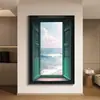 Pintura Decorativa Moderna Simples de Janela Falsa com Paisagem Marinha Pintura de Chão para Parede de Fundo de Sofá Extensão de Espaço Pintura para Pendurar no Quarto