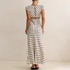 Moda Inspirada en Estilo Ins Europeo y Americano Nuevo Vestido Largo de Satén con Lunares y Ribete de Encaje, Ceñido a la Cintura, de Manga Corta, Corte Entallado para Mujer