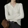 Suéter de punto minimalista para mujer, de manga larga, con cuello camisero, estilo casual "old money", adecuado para otoño, hipoalergénico, transpirable, top de color liso
