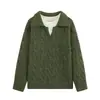 Suéter de punto de dos piezas con bloques de color ilusión, cuello polo, manga larga, moda de otoño, versátil, holgado, adelgazante, jersey casual