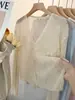 Cardigã de tricô de seda gelada azul, fino, de manga comprida, para mulheres, peça externa de primavera, xale de proteção solar, blusa para cobrir do ar condicionado