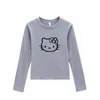 Top Interior Negro de Cuello Redondo con Diseño de Dibujos Animados Estilo Americano, Corte Ajustado, Favorecedor, Camiseta de Manga Larga para Mujer