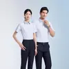 Camisa formal profesional unisex antiarrugas para negocios, camisa de manga corta a rayas de fibra de bambú, ropa de trabajo con logo bordado