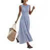 AliExpress Transfronteiriço 2026 Novo Vestido Longo Listrado Sem Mangas com Gola Redonda e Amarração na Cintura, Estilo Praia
