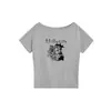 Camiseta Curta de Manga Curta Fora do Ombro para Mulheres, Marca Moderna Estilo Americano com Estampa de Gato Kt Desenho Animado, Blusa Casual Solta Versátil da Moda