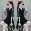 Vestido para Mujer de Mangas Murciélago Verano Transfronterizo para Mujer Ajustado Adelgazante Cintura Elegante Malla Cuello Redondo Longitud Media Falda en A