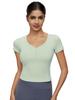 Nueva camiseta deportiva informal para mujer, con cintura ajustada, para adelgazar, ropa de yoga sexy, de manga corta con almohadilla para el pecho, sin copas para correr.