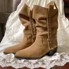 Botas de Otoño para Mujer 2026 Tacón Grueso Punta Fina Versátiles Adelgazantes Hebilla de Cuero Apilado Otoño Nuevo Botas de Mezclilla Estilo Retro Occidental
