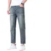 Jeans de Alta Gama Azul Oscuro de Nueve Puntos para Hombre, Nueva Llegada de Otoño, Elásticos, Ajustados, Rectos, Casuales, Pantalones de 9 Puntos
