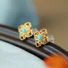 Plata S925 Chapada en Oro Jaspe Turquesa Diseño de Trébol de Cuatro Hojas Lujo Accesible Moda Sencilla Ropa de Trabajo Exquisitos Versátiles Pendientes