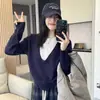 2025 Nova Malha de Lã Pura Feminina Pulôver de Cor Contrastante Solto Elegante Casual Simples Camisa de Base Falsa de Duas Peças