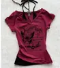 2026 Amazon Cuello Halter Verano Retro Estampado de Guitarra y Alas Y2K Manga Corta Camiseta Estampada Rosa para Mujer Venta al por Mayor