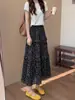Falda larga de otoño para mujer, línea A, cintura alta, estampado floral negro, para figura de pera, talla grande, falda larga en capas adelgazante
