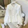 Camisa feminina doce estilo francês com gola boneca, novo design de outono, top niche solto de manga comprida em branco