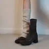 Primer Encuentro Temporada Retro Botas Elásticas Estilizadoras Estilo Ballet con Lazo Punta Redonda Gamuza Tacón Grueso Cremallera Lateral Botines