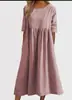 Vestido Casual de Verão 2025 para Estação Independente da Amazon, Novo, Algodão e Linho, Manga Curta, Bolso, Pregueado, Solto, Gola Redonda