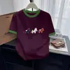Camiseta de Algodão Estilosa com Blocos de Cor e Gola Redonda de Manga Curta para Mulheres, Nova Peça Versátil e Jovem para o Verão, Camiseta Base