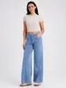 Calça jeans boca larga cintura alta feita sob medida para mulheres, alta elasticidade, controle de barriga, modeladora, justa, versátil com bolsos, adequada para fitness e uso casual