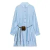 AliExpress comércio exterior transfronteiriço vestido azul de manga comprida com gola, cinto e bolsos, vestido slim fit retro francês