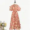 Ropa de Mujer Transfronteriza: Vestido Largo de Cuello Alto de Botones Sencillos, Vestido de Verano con Mangas Abullonadas, Cintura Ceñida, Falda Acampanada Adelgazante, Conjunto de Dos Piezas