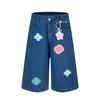 Calças Cropped com Design de Bordado Floral Lavado Retrô Americano para Homens e Mulheres, Calças Soltas de Verão para Casal de Comprimento Médio