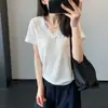 Ambiente Suave~ Camiseta de Manga Corta con Cuello en V y Adorno de Encaje, Tacto de Algodón Nieve Lyocell, Cómoda y Versátil para el Verano H051214