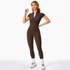 Mallas de una pieza de manga corta con cremallera para mujer, ropa exterior de color piel, para fitness, deportes, yoga, 8305