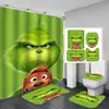 Juego de cortina de ducha impermeable con temática de Grinch, incluye cuatro piezas: cortina de ducha de poliéster, juego de baño impermeable y resistente al moho, y alfombrilla de baño
