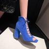 Botas de mujer de talla grande de moda de comercio exterior 2024, nuevas, de gamuza, estilo europeo y americano, con correa de cabeza cuadrada y encaje frontal, tacón grueso y súper alto.