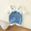 Macacão Jeans Dupla Camada para Bebê Menina Primavera e Outono com Gola de Coelho Fofa para Celebrações de Primeiro Mês e Cem Dias, Adequado para Passeios