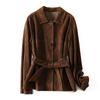 Hn5252 Chaqueta de Gamuza de Piel de Cabra de Primera Capa, Elegante Francesa Retro, Cinturón de Solapa Pequeña, Longitud Media