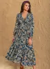 Amazon Transfronterizo Ropa Europea y Americana Verano Nuevo Vestido de Manga Larga con Estampado y Cuello en V