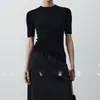 Camada Base de Malha Preta com Gola Redonda e Cinco Mangas Elástica Modeladora Simples Versátil Roupa de Baixo para o Trabalho Top de Manga Média