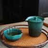 Tetera vintage verde turquesa con cambio de horno, juego de té kung fu para el hogar, tetera de una sola tetera, taza de té de gres de estilo japonés, tetera de una sola taza