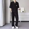Camiseta de manga corta con cuello en V estilo chino de tinta a medias para hombre, conjunto de camiseta y pantalones transpirables de lino para el verano 2026, conjunto de dos piezas de manga corta y pantalón largo