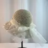 Sombrero de Paja con Encaje Floral de Verano para Mujer, Decorativo con Lazo y Perlas, Ala de Sombrero, Sombrero para el Sol para Vacaciones en la Playa