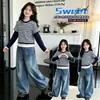 Conjunto de tres piezas para niña de principios de otoño, estilo coreano, camiseta de manga larga de otoño para niña grande, conjunto de dos piezas simuladas para niño de otoño