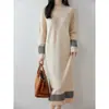 Novo Vestido de Malha Vintage Outono/Inverno Lã Pura Gola Redonda Meio Alta Manga Longa Jacquard Vazado Midi