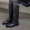 Botas altas negras minimalistas de cuero genuino, nuevas para otoño e invierno, punta fina, versátiles, planas, de media pantorrilla, para mujer