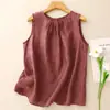 Chaleco sin mangas de color liso de estilo artístico para mujer, top fino de algodón y lino de verano, holgado, adelgazante, blusa de algodón y lino
