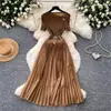 Vestido verde elegante de alta gama con sentido del diseño para mujer, verano, manga corta, cintura alta, cintura ceñida, plisado, vestido largo, estilo maduro, para ir al trabajo